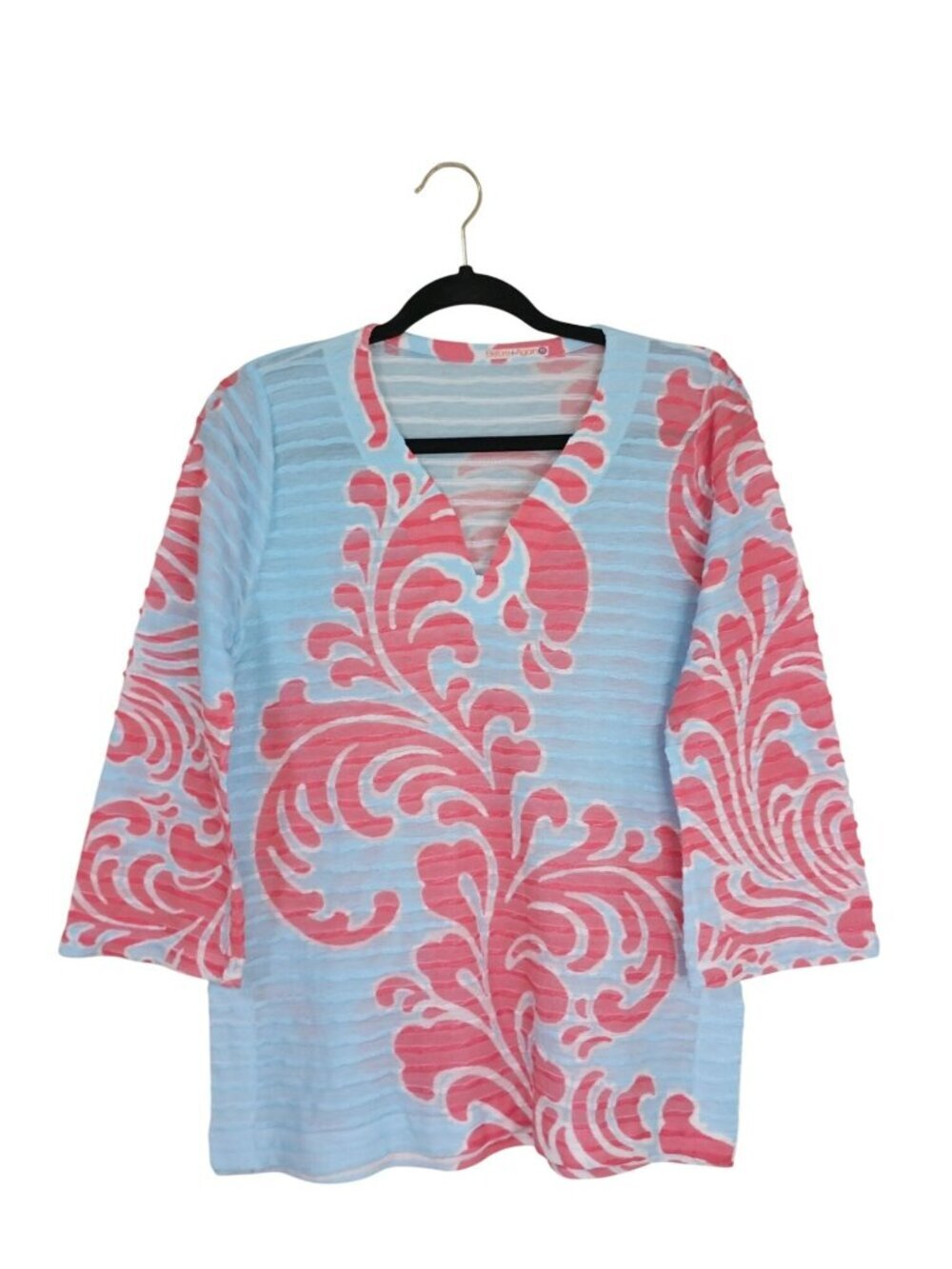Before + Again Womens Blue & Coral Floral Print 3/4 Sleeve Knit Top Size M
